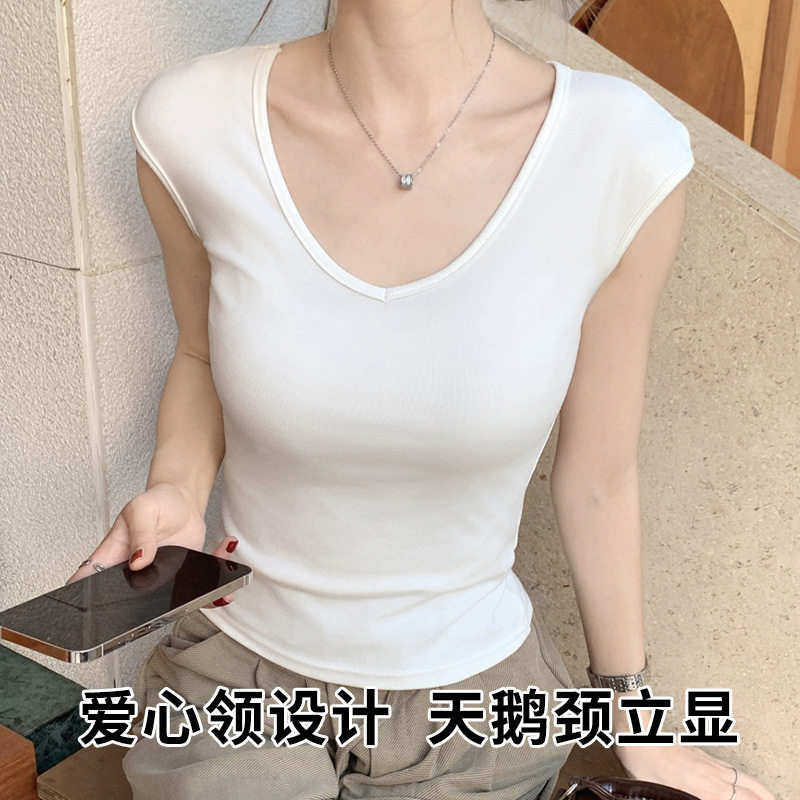 爱心领T恤女夏季2026新款白色修身显瘦纯色百搭无袖背心打底上衣