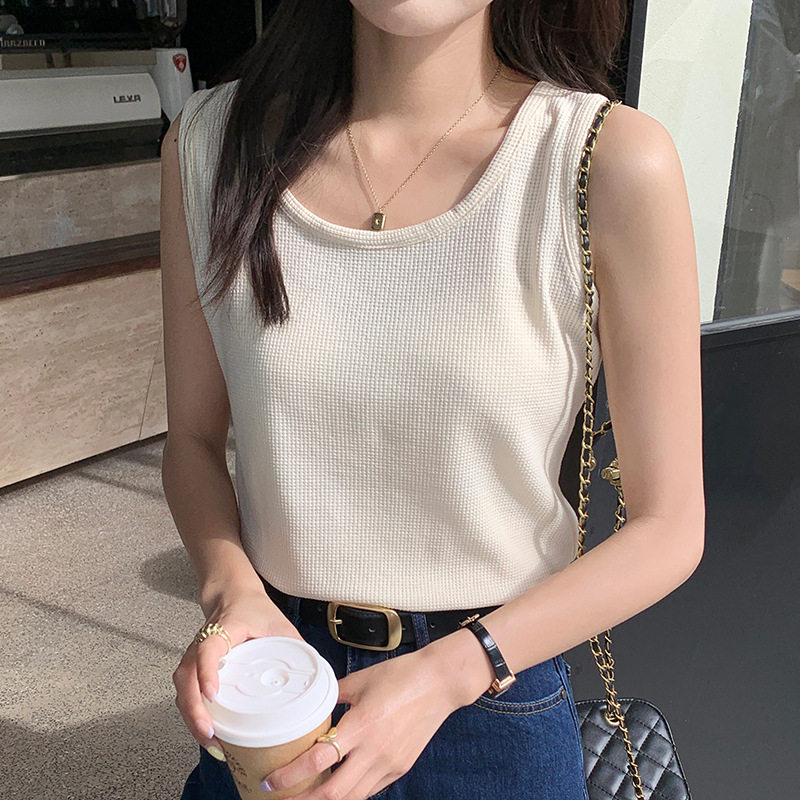 白色吊带背心女士夏季宽松黑色内搭打底衫外穿华夫格无袖百搭上衣