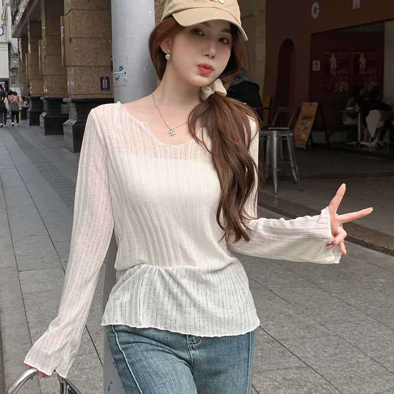 木耳边V领防晒罩衫女士外套夏季T恤