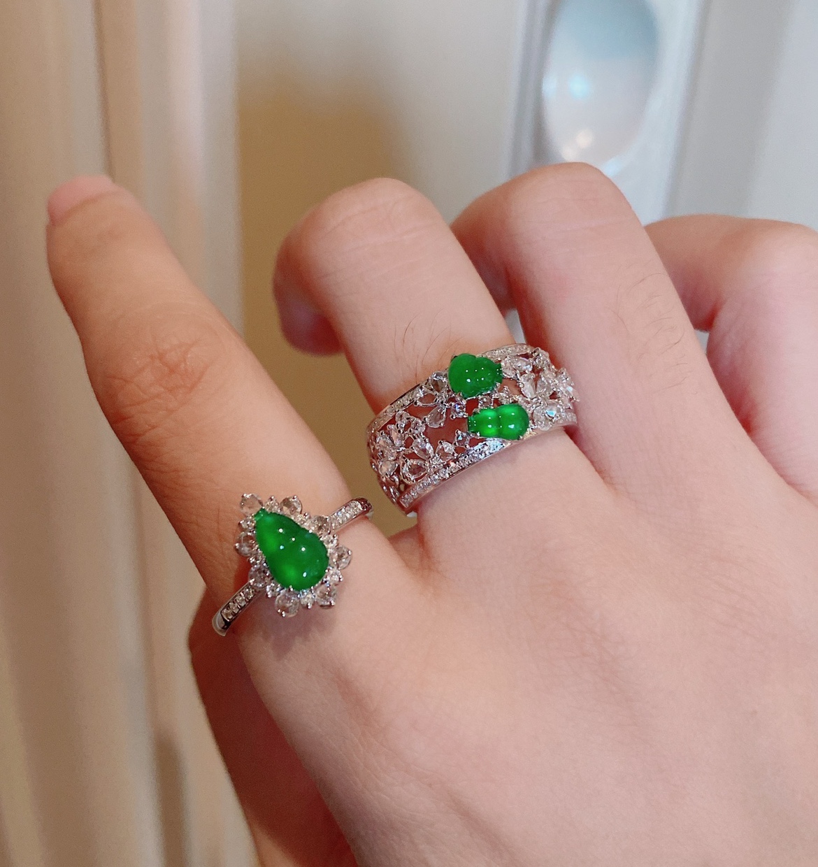 帝王绿葫芦戒指 缅甸翡翠a货18k金南非真钻镶嵌 单葫芦双葫芦翡翠