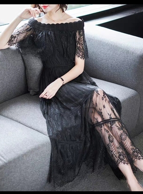 2025新款女装夏中长款黑色蕾丝拼接连衣裙女修身显瘦气质法式长裙