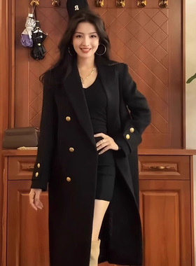 黑色正肩呢子大衣女2025新款秋冬高级感毛呢外套韩系小个子中长款