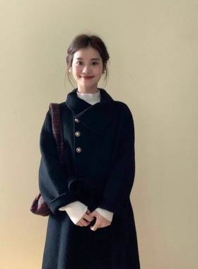 百搭黑色呢子大衣女秋冬季高级感毛呢外套2025年新款小个子赫本风