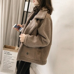 冬季新款大翻领羊羔毛外套女宽松BF风皮毛一体麂皮绒机车服夹克女