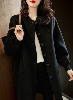 黑色毛呢外套女2023秋冬新款洋气中长款修身显瘦休闲百搭呢子大衣