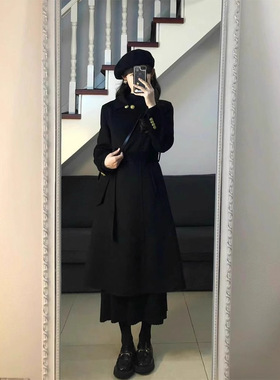 赫本风高级感黑色呢子大衣女秋冬装新款韩版收腰显瘦气质毛呢外套