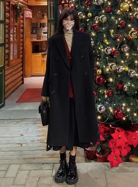赫本风毛呢外套女2025新款黑色韩版复古中长款过膝修身呢子大衣女