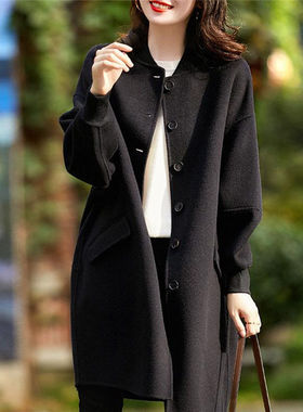 反季清仓2022秋冬韩系双面呢大衣女中长款过膝黑色毛呢外套小个子