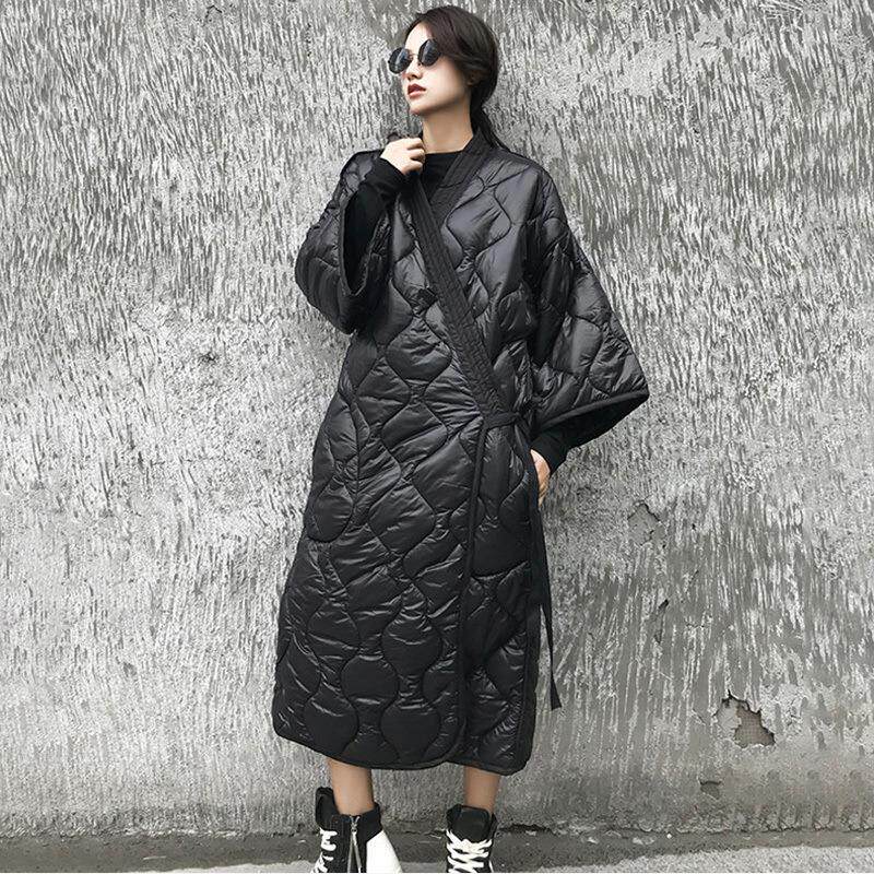 暗黑风冬季新款日系绑带睡袍V领菱格宽松大码长款棉衣棉服外套女