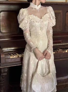 公主礼服气质法式绝美小香风白色蕾丝连衣裙子春重工气质连衣裙