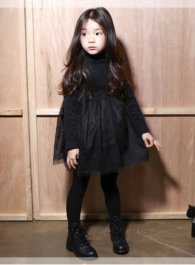 18055女童秋冬新款韩版加绒加厚蕾丝连衣裙 公主裙夹棉拼接打底裙