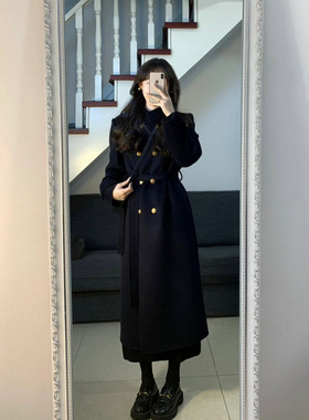 冬季黑色毛呢外套女秋冬2024新款小个子复古高级感长款加厚大衣