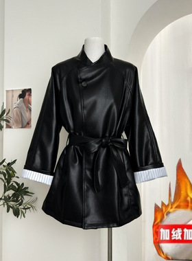 加绒加厚黑色皮衣外套女高级感新款冬季酷飒风气质巨好看的风衣