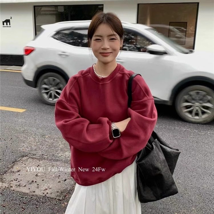 红色圆领纯色慵懒卫衣女2024秋冬加厚美式廓形大码中长款宽松上衣
