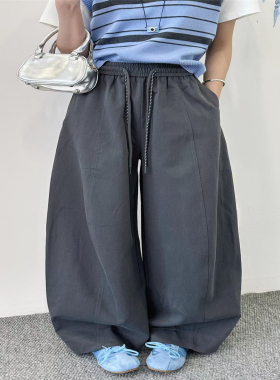 慵懒松紧腰抽绳弯刀裤女2026春季灰色阔腿休闲裤宽松百搭气球裤