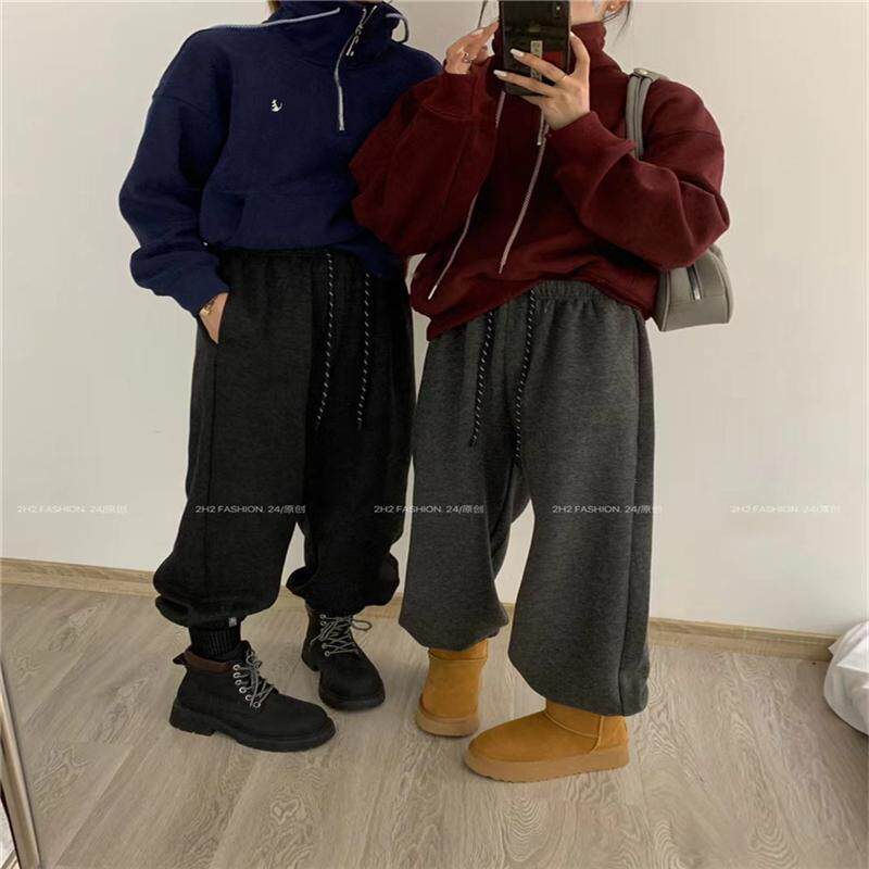 秋冬高腰休闲阔腿裤深灰色束脚裤