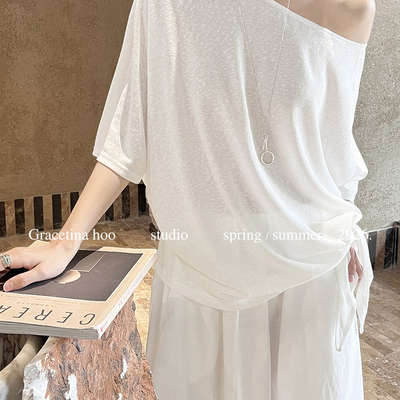 GRACETINA HOO-丝麻感斜肩侧打结简约松弛ROW风通勤短袖T恤TB8109