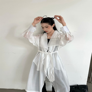 LINGLI 松弛感天丝白色长款风衣女26夏季宽松轻薄防晒衣外套