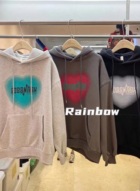 灰色爱心连帽卫衣女2023年秋冬百搭加绒加厚宽松慵懒上衣ins潮