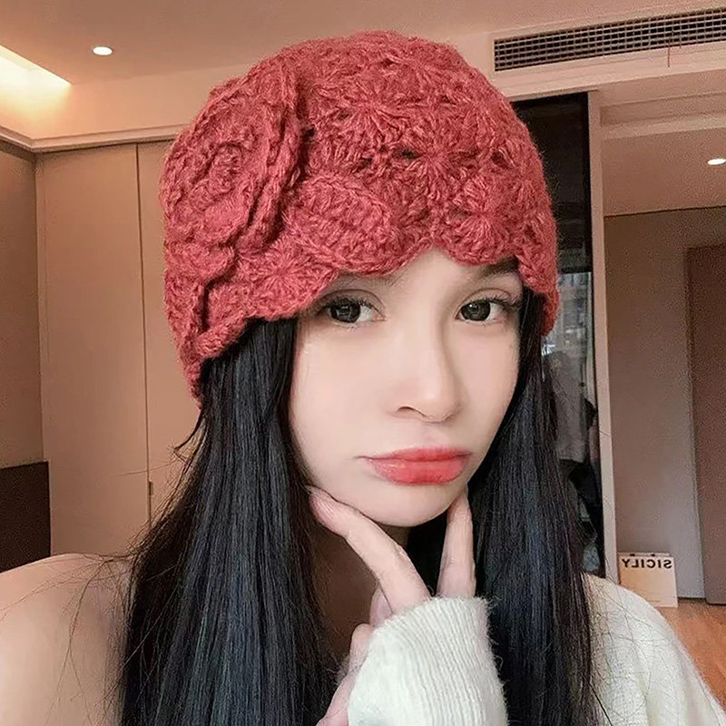 新款大花针织帽子女手工编织保暖