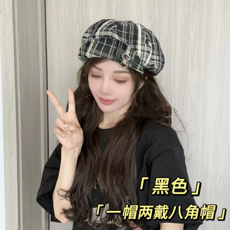 韩国2024年新款格纹拼色八角帽复古皮标扣贝雷帽大头围云朵南瓜帽