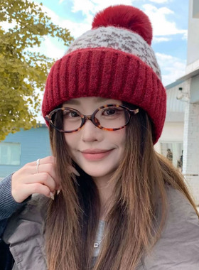 复古费尔岛风提花加绒帽子女百搭