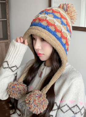 秋冬费尔岛护耳帽包头网格帽子女