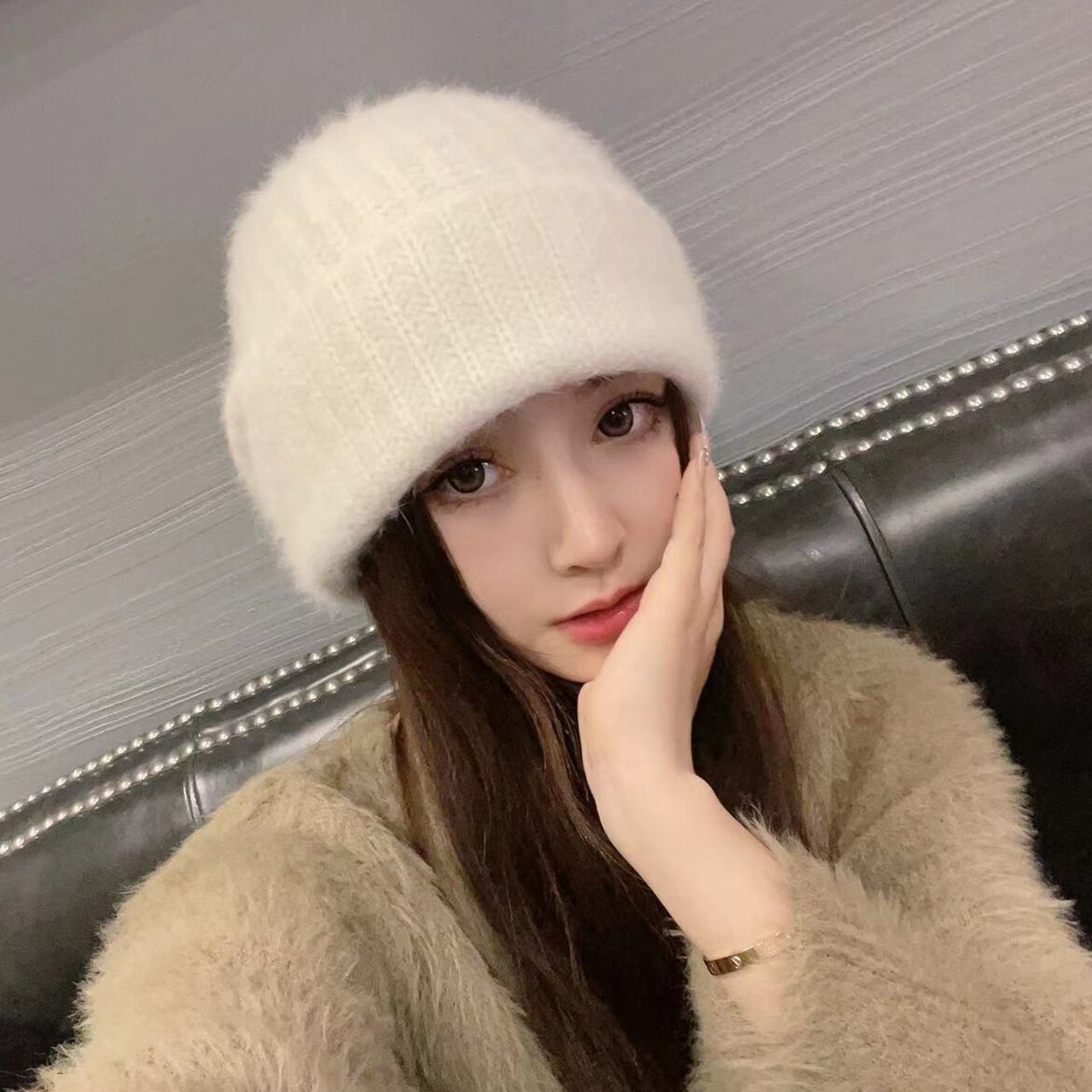 韩版网红大头围毛毛针织堆堆帽子女休闲百搭时尚显脸小保暖包头帽