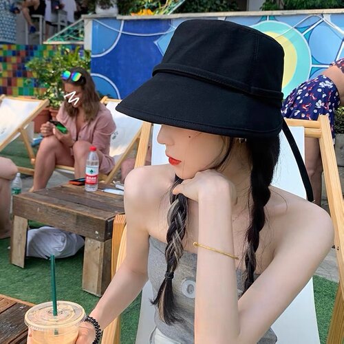 小赫本风系带渔夫帽子女百搭复古韩版盆帽夏季水桶帽春秋防晒帽子