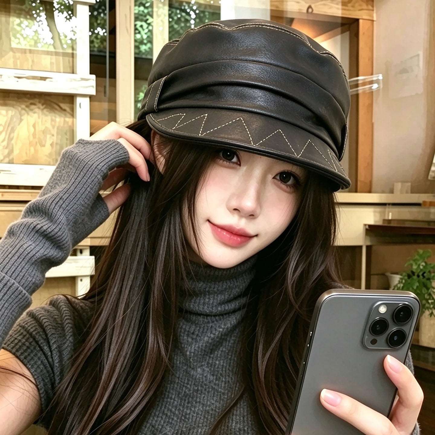 韩系复古PU皮质褶皱马术帽子女