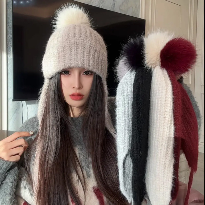 韩版系带显脸小针织毛线帽子女