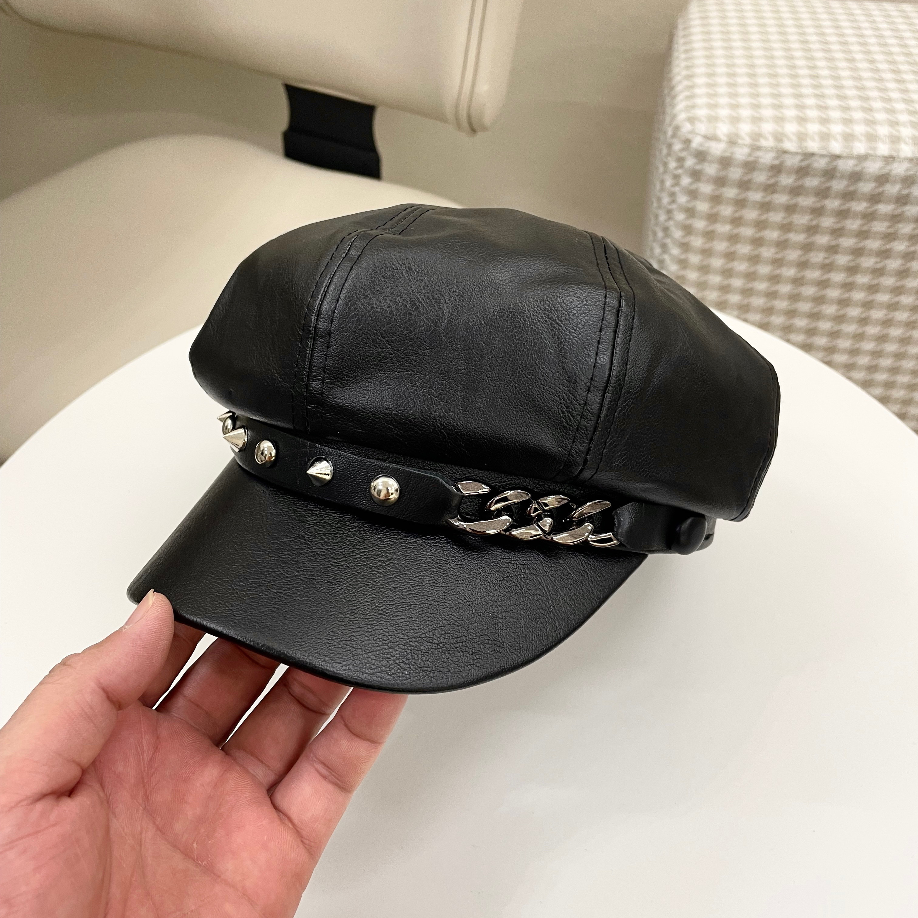 黑色软皮平顶铆钉重工八角帽潮