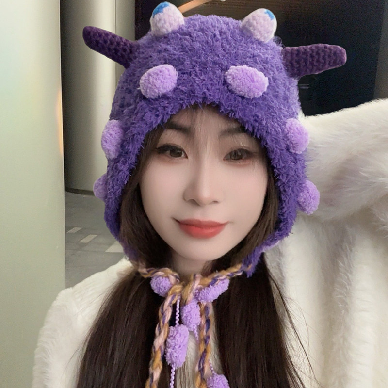 个性搞怪可爱手工针织毛线帽女2024秋冬小怪兽保暖护耳绑带雷锋帽