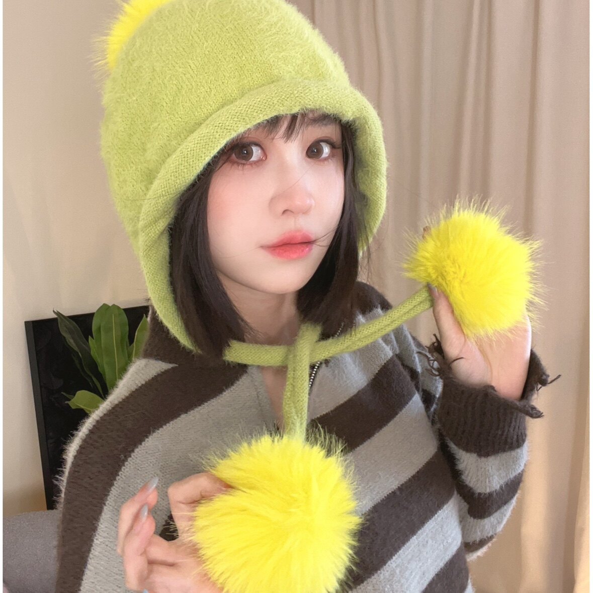 可爱仙女毛球仿貂毛针织帽子女秋冬保暖护耳毛线包头帽时尚雷锋帽