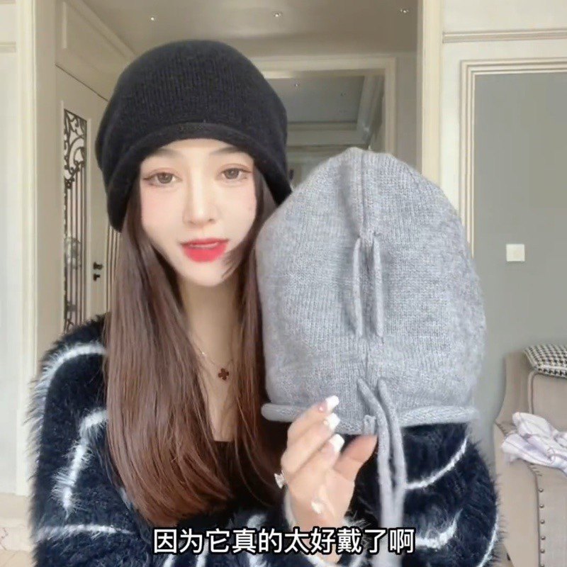毛线帽女大头围抽绳帽休闲百搭