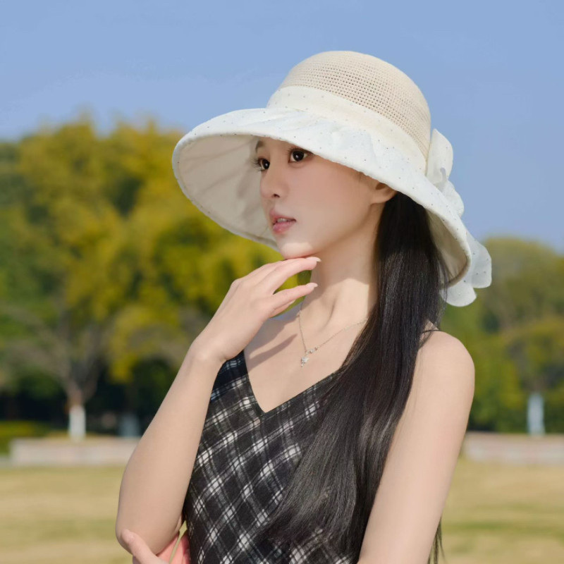 波点蕾丝蝴蝶结遮阳帽子女韩版