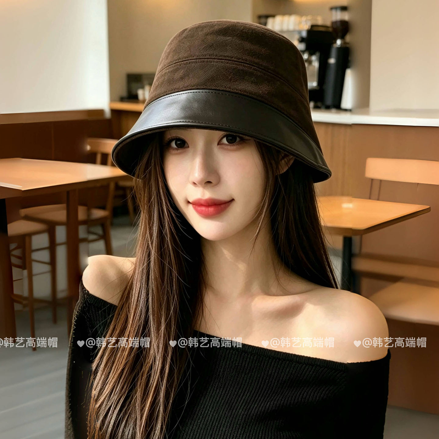 新款复古皮质拼接渔夫帽女秋季
