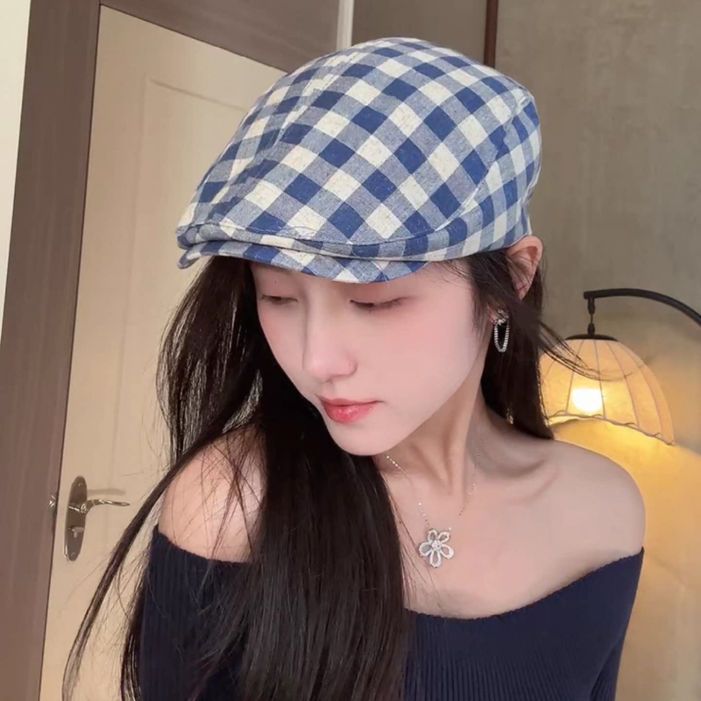 亚麻薄款格子前进帽女夏季新款
