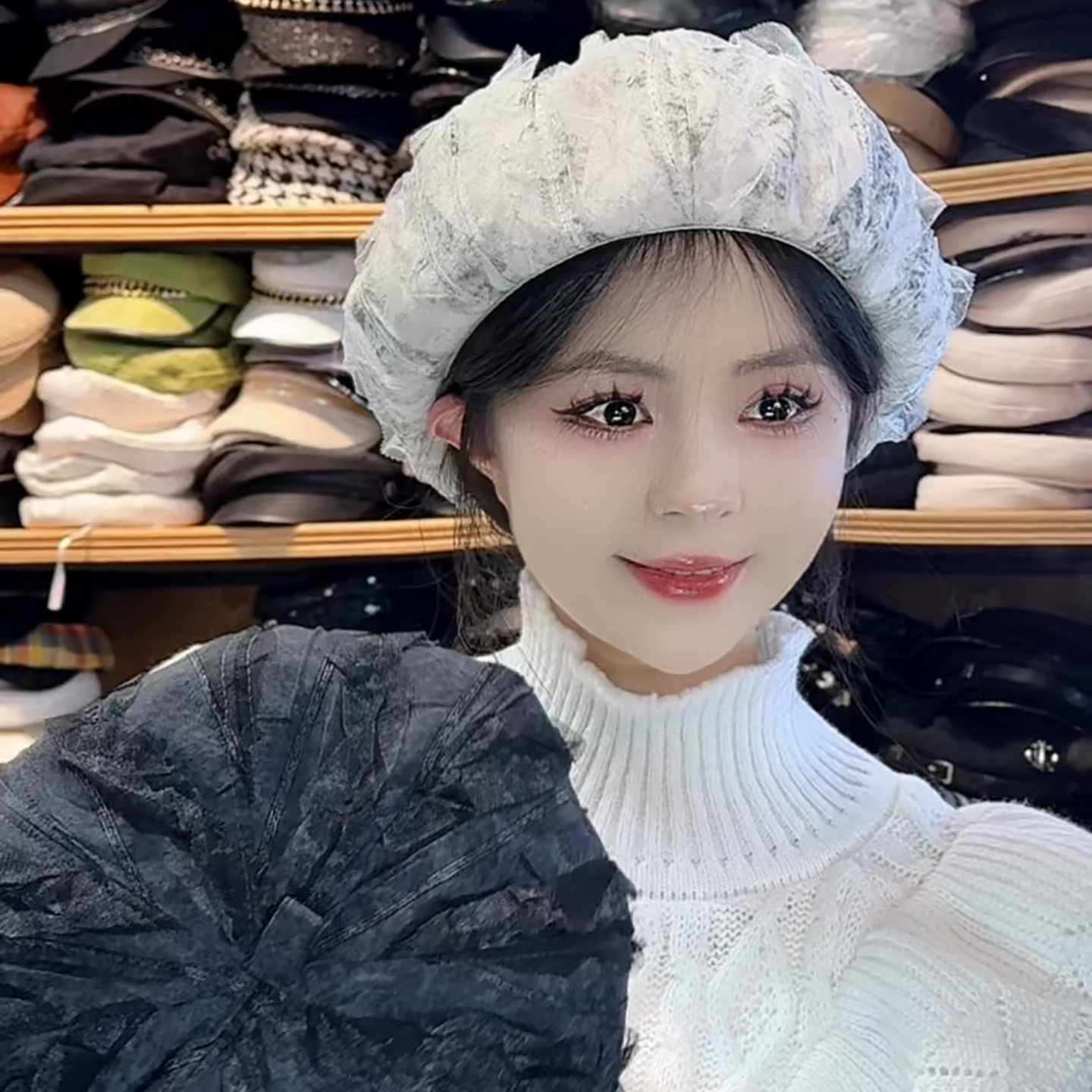 春季款复古蕾丝花苞八角贝雷帽女