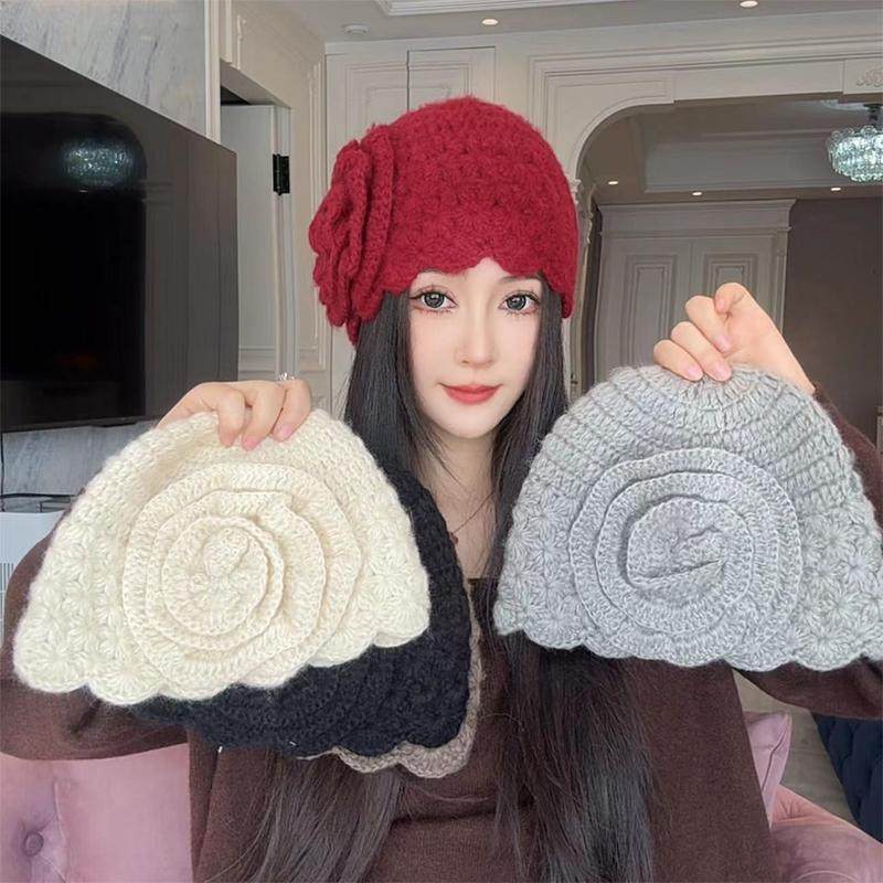 毛线帽时尚百搭秋冬立体大花朵