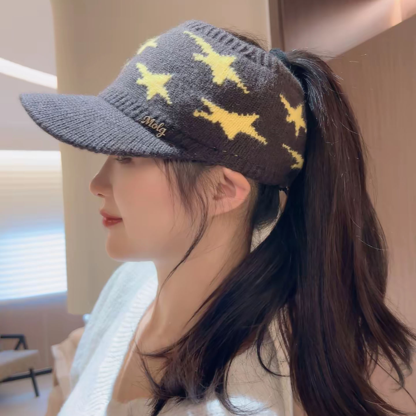 可扎高马尾星星针织空顶帽子女