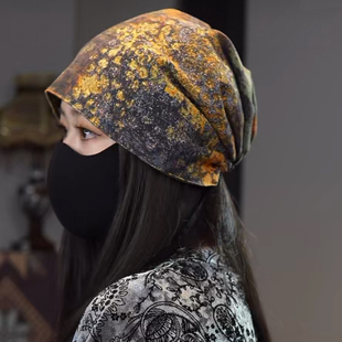 双面佩戴复古堆堆帽子女2026秋冬季扎染慵懒大头围包头帽子显脸小