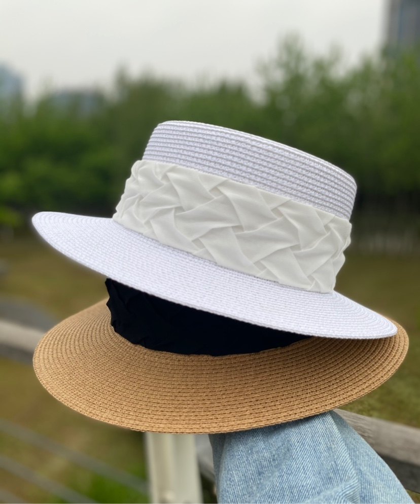 宽檐平顶草帽女夏海边韩版泡泡纱白色礼帽洋气百搭遮阳防晒太阳帽