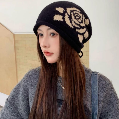 玫瑰提花抽绳堆堆帽女秋冬新款