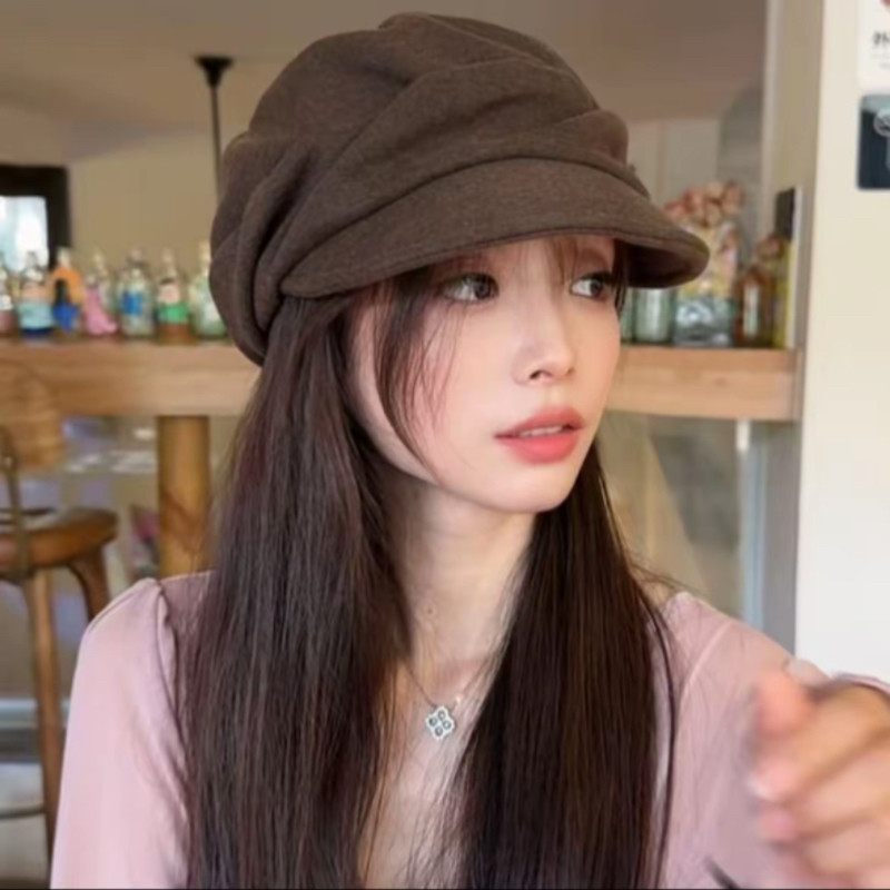 山本风日系亚麻褶皱文艺鸭舌帽女