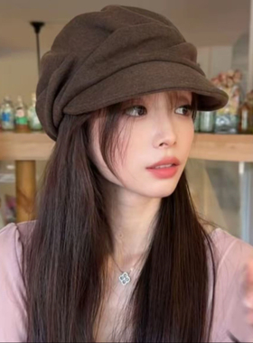 山本风日系亚麻褶皱文艺鸭舌帽女
