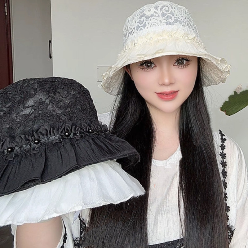 蕾丝刺绣花朵珍珠渔夫帽轻薄透气