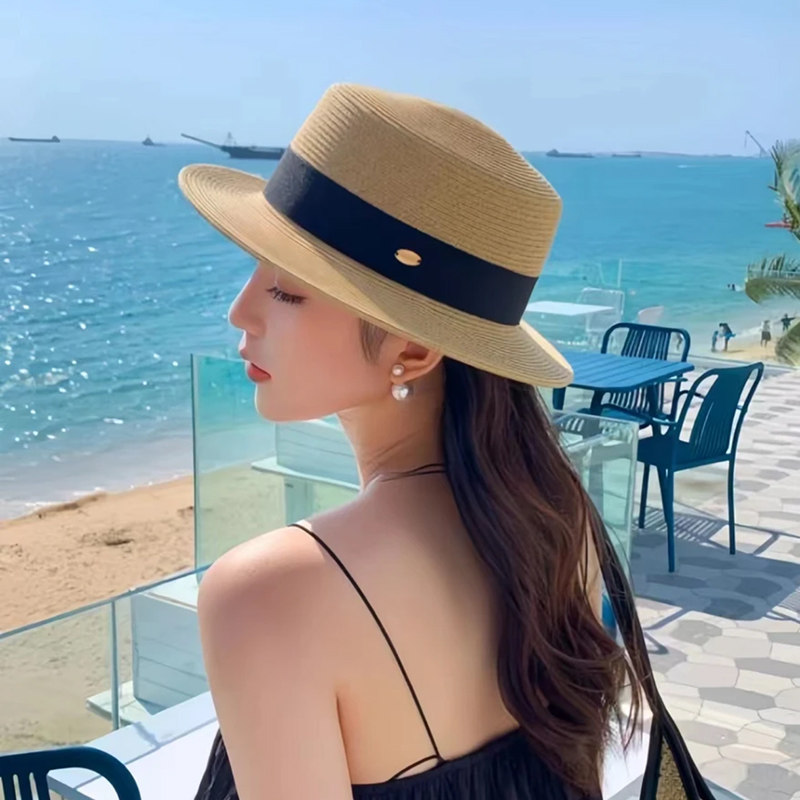 夏季复古遮阳平顶草帽女洋气防紫外线太阳帽时尚百搭气质防晒帽子