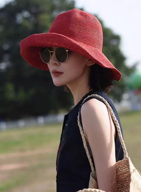 红色草帽女夏季大帽檐透气防晒渔夫帽可折叠出游度假百搭遮阳帽子