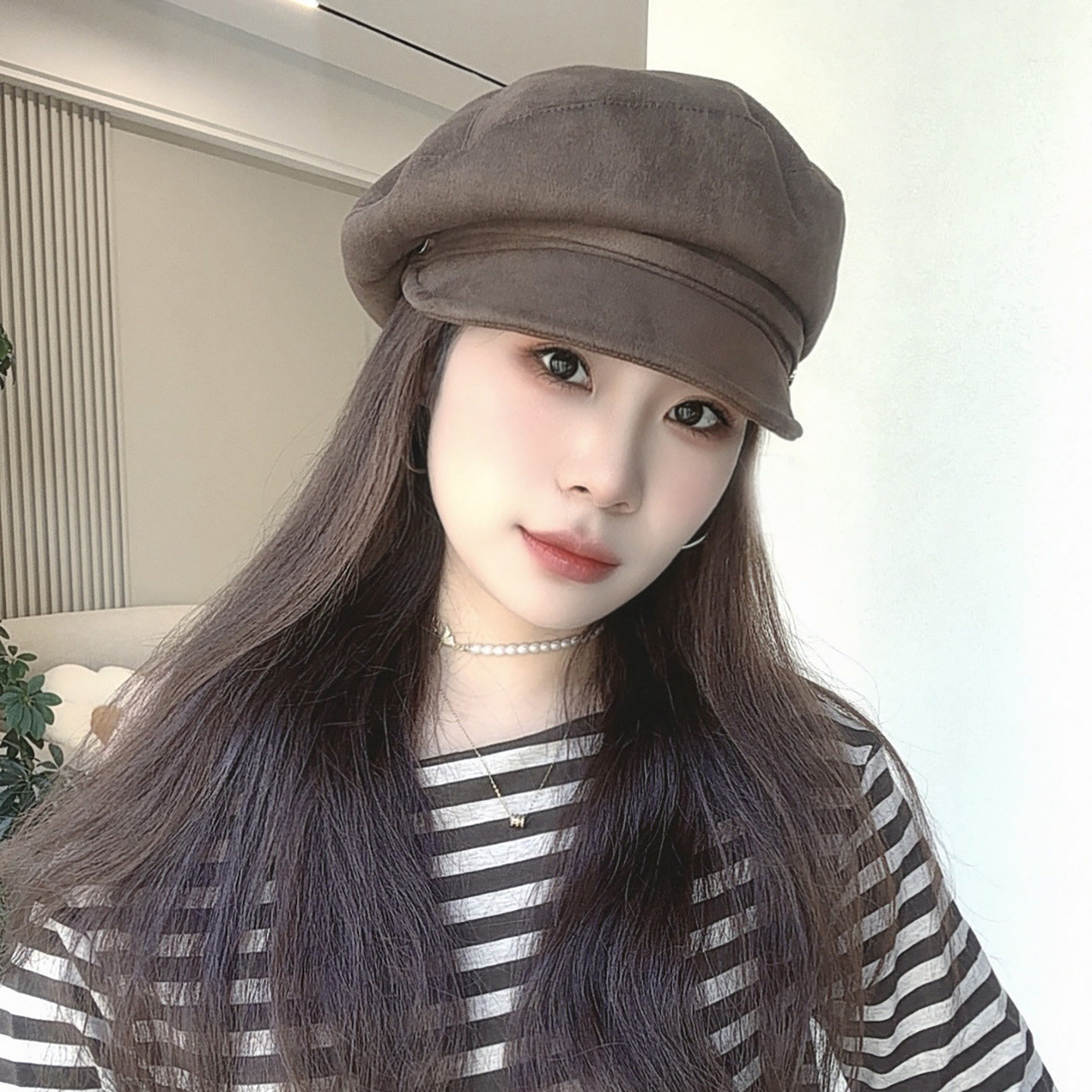 日韩风复古麂皮绒鸭舌帽子女秋冬